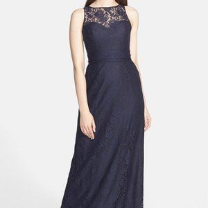Amsale Navy Illusion Yoke Lace Gown